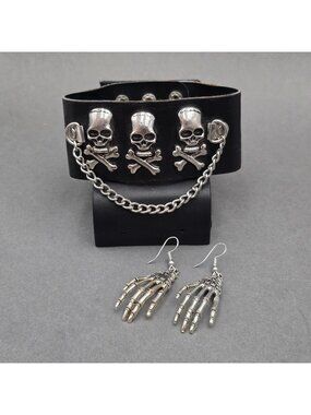 Vintage Y2K Skull Faux Leather Bracelet Skeleton Hand Dangle Earrings Lot